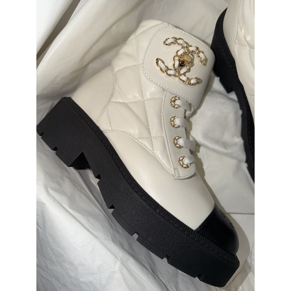 Chanel 24B White Quilt Gold CC Chain Combat Black Platform Ankle Short Boots 37c - Picture 6 of 16